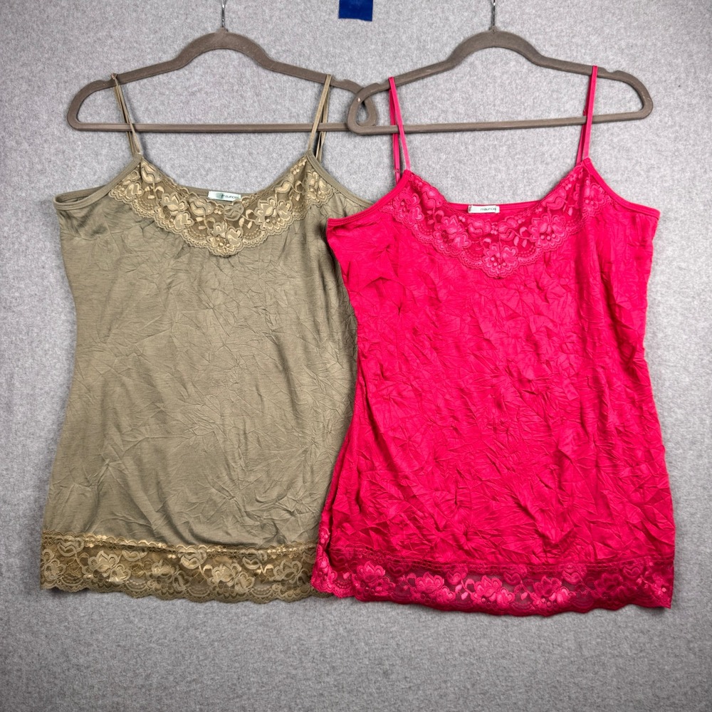 Maurices Tank Top LOT x 2 Womens XXL Pink Green Lace Trim Crinkle Camisole Y2K